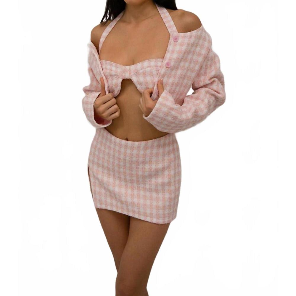 NEW NEW PINK keeping it classy 3 piece tweed mini skirt set in pink